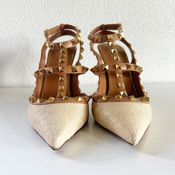 Valentino Garavani Rockstud Brown Leather Raffia Strappy Caged Heels - Picture 7 of 13